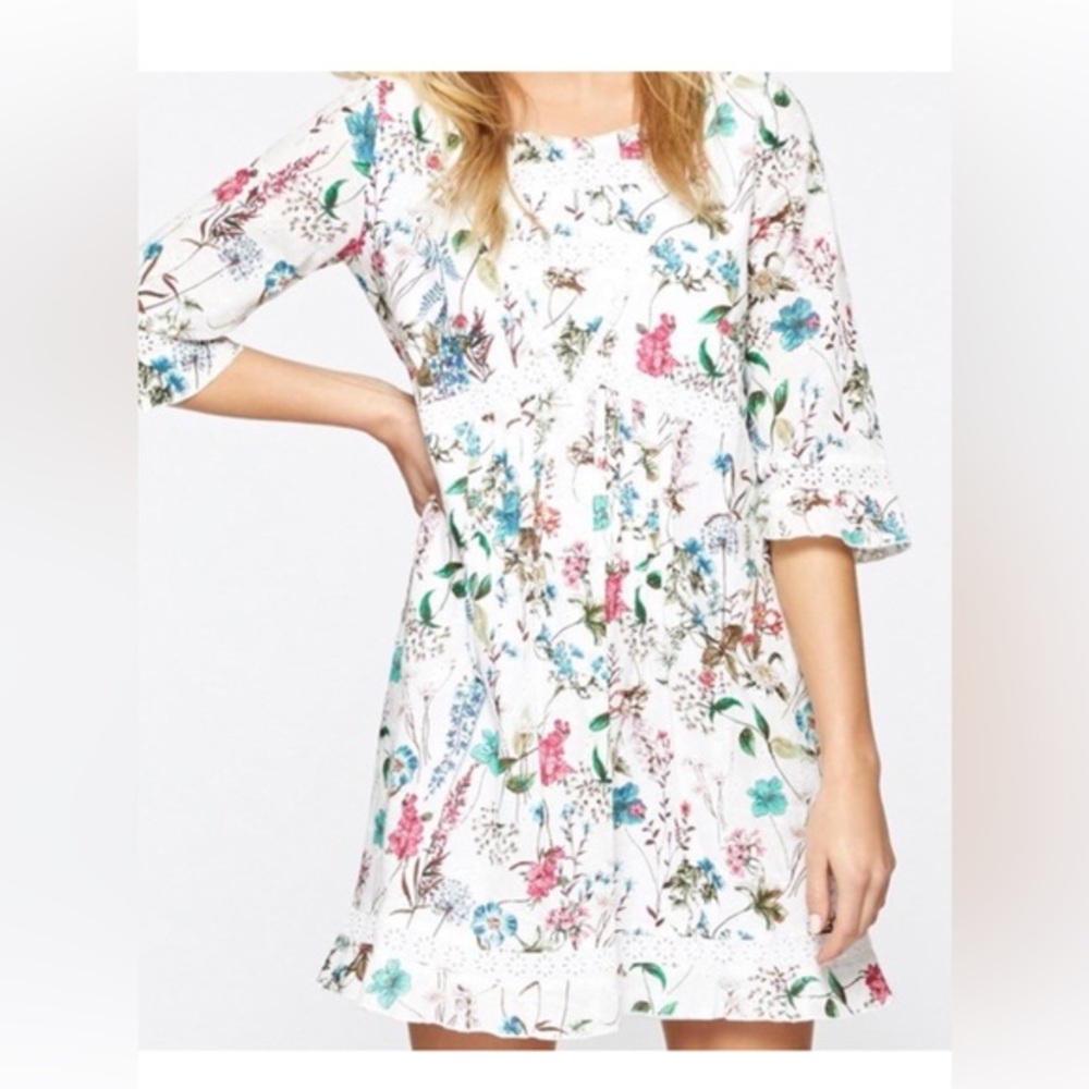 NWT‎ Garden/Tea Party White Floral Print Lace Trim Flutter Sleeve Mini Dress SM